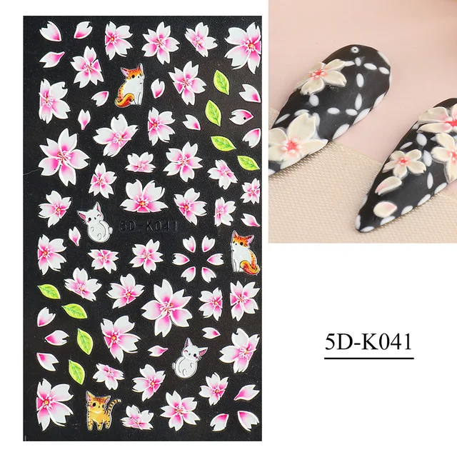 1 Sheet 5D Embossed Flowers Nail Stickers With Textured 3D Self