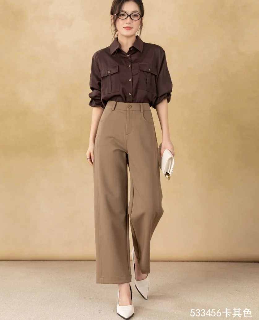 New Women's Loose Straight-Cut Wide-Leg Pants Zipper Fly Casual Anti-Wrinkle Long Clothing Trousers for Winter