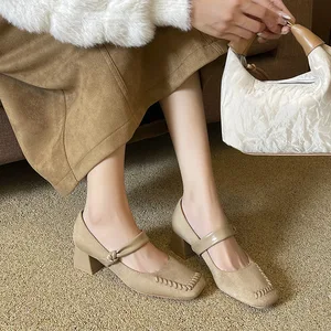 Bejani 332-79 French Retro Temperament String Square Toe Thick Heel Autumn Fashion Trend Women's Soft Microfiber Leather Buckle