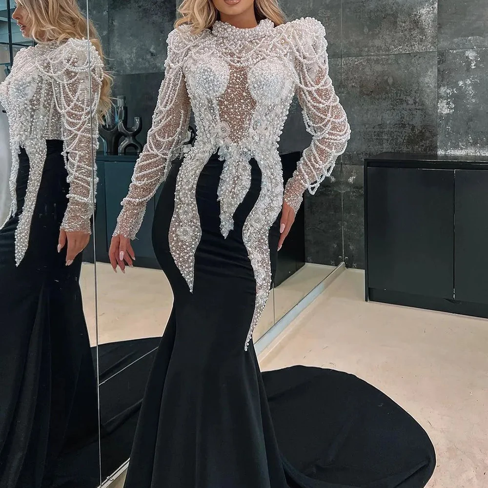 Heavy Pearls Satin Mermaid Prom Dresses 2024 Black Girls High Neck Long  Sleeves Plus Size Formal Evening Gowns RSM241007
