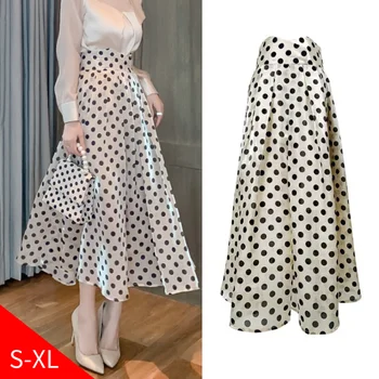 ZYHT Fast Shipping French Elegant Retro Women Polka Dot Faldas Midi A-line Skirt Fashion High Waisted Long Skirts