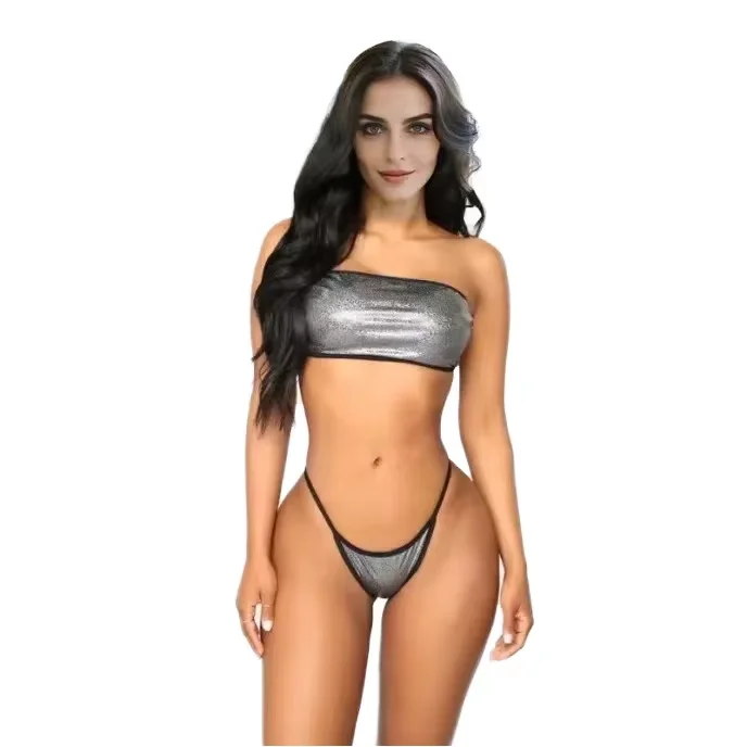 Vendor Silver Triangle Bikini Set Crystal Decor Seamless High Cut Swimsuit Backless XS Casual Beach Style Free Shipping