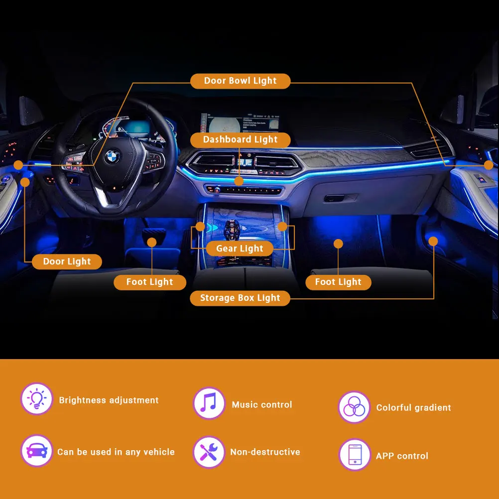 Автомобильный светильник Qeedon для Tesla с подсветкой ног, светодиодные светильники для украшения автомобиля с управлением через приложение, полоса для салона автомобиля