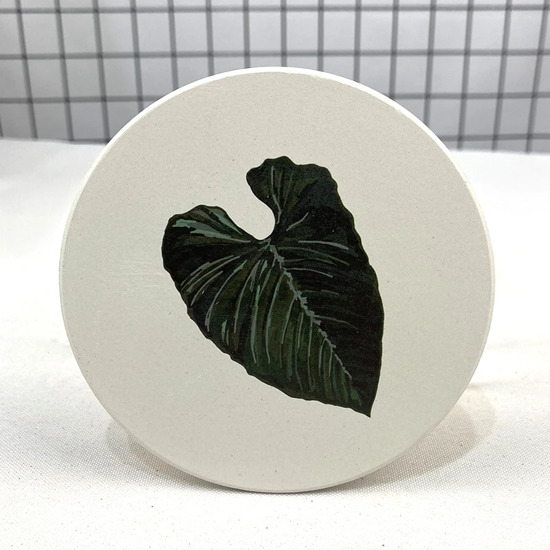 Free Sample White Ceramic Round Tile Coasters and Cup Mats Leaf Design Blank with UV Printing or Sublimation