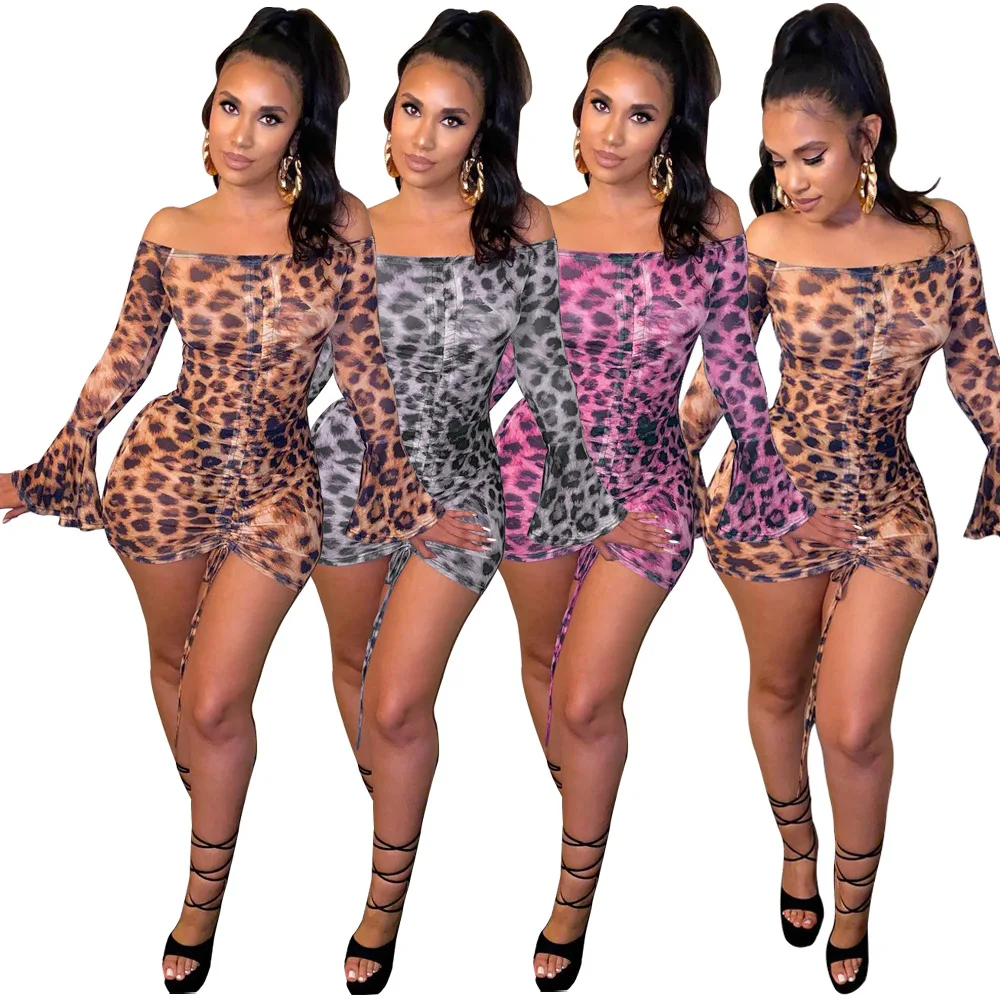 Off the shoulder long sleeve leopard printing dress women sexy bodycon club dresses