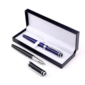 Executive Pen Gift Set Luxury Souvenir Advertising Personalized Custom Logo Text Blue Metal Roller Gel Pen with Black Gift Box