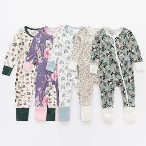 Baby Girl Floral Patterned One Piece Romper Soft Footless Newborn Infant Pajamas 2 Pack Mitten 2 Way Zip Knitted for Spring ODM