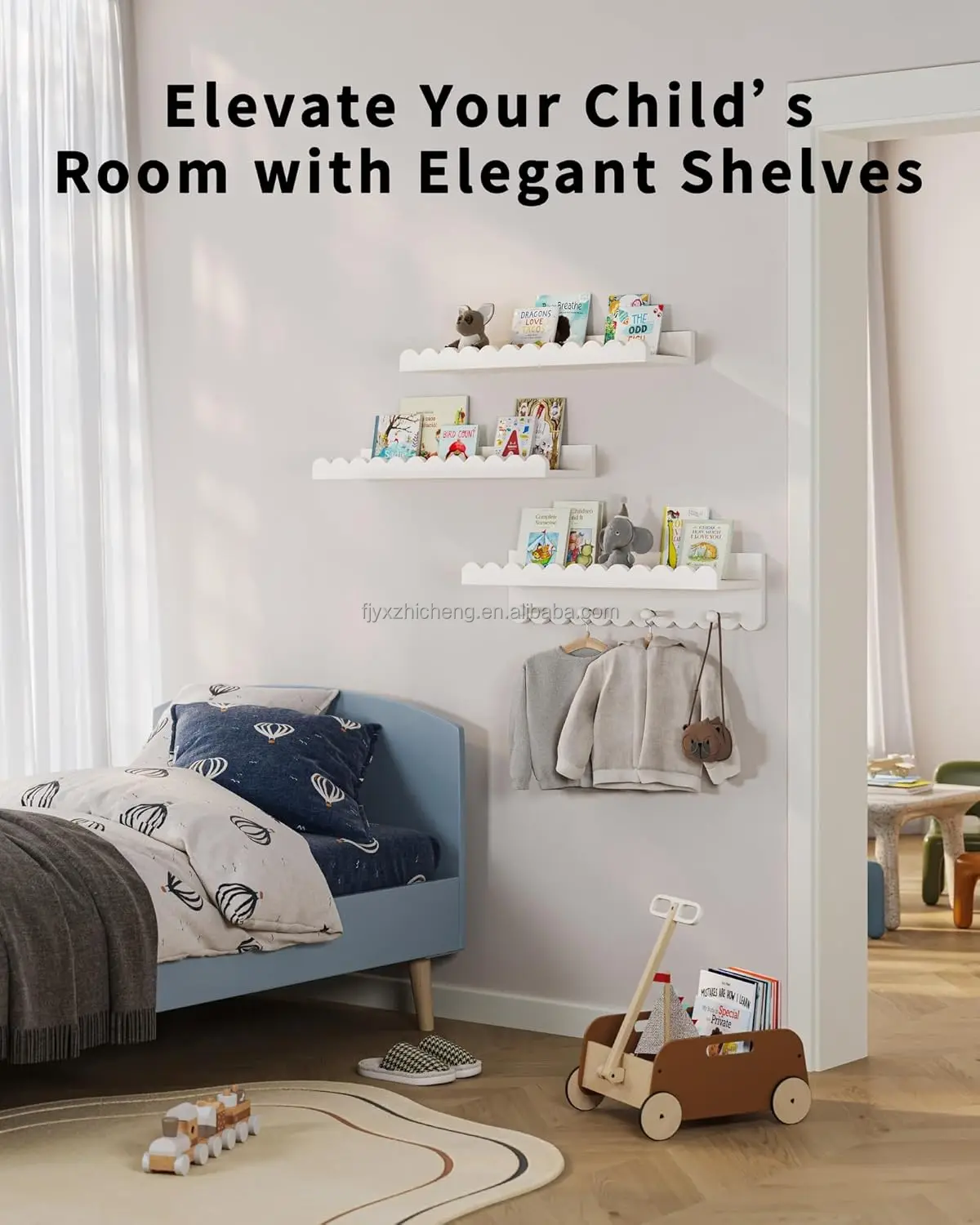 product nursery book shelves space saving modern decorative design with scalloped shelves and coat hooks set of 3-1