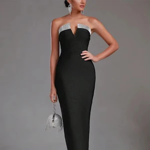 New V-neck Black Women's Dresses for Fall 2024 Fit Elegant Diamond Long Party Dress