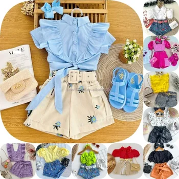 Wholesale Girl Summer Cotton Ruffle Clothing Suit Girl Flutter T-shirt &Shorts 2PCS Outfit