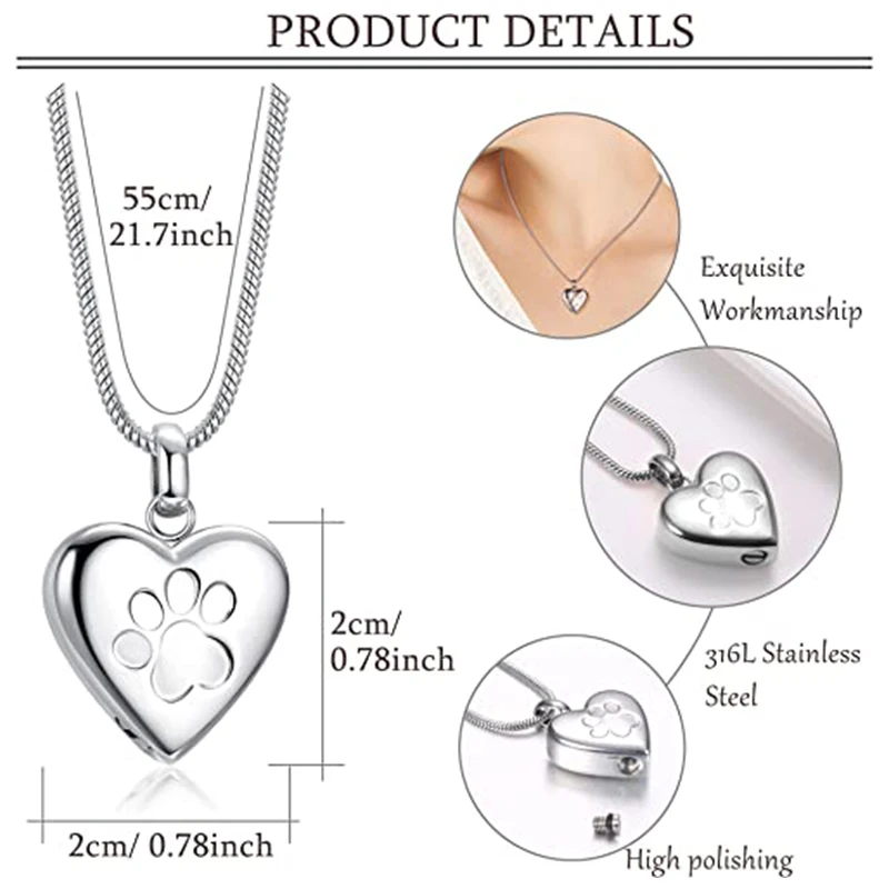 Pet Cremation Jewelry Pendant Paw Print Pet Heart Urns Necklace Memorial Keepsake for Dog's/Cat's Ashes with Filling Kit