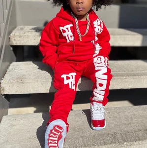 Wholesale Custom Logo Boys Clothing Sets Cotton Puff Print Hoodie Vintage Pullover Sweatpants and Hoodie Kids Tracksuit