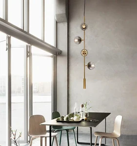 Nordic Long Golden Glass Chandelier Art Strip Pendant Lamp Dining Room Model Room Glass Ball Metal Rod Suspension Lighting E27