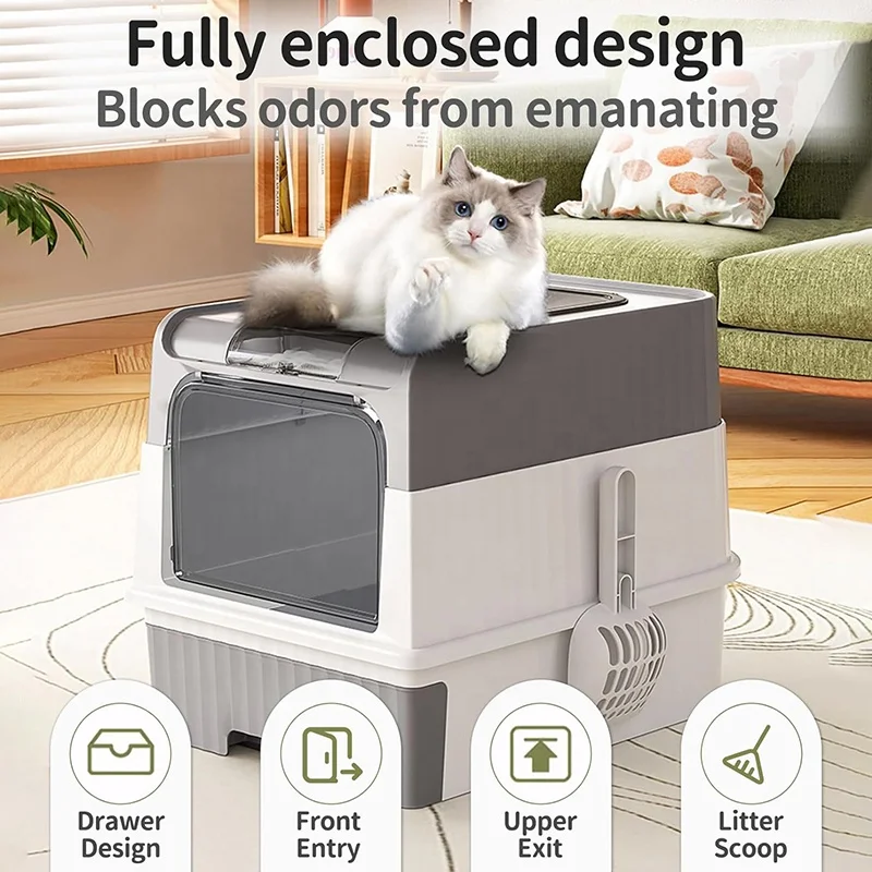 Fully Enclosed Cat Toilet Large Foldable Top Entry Cat Litter Box with Lid