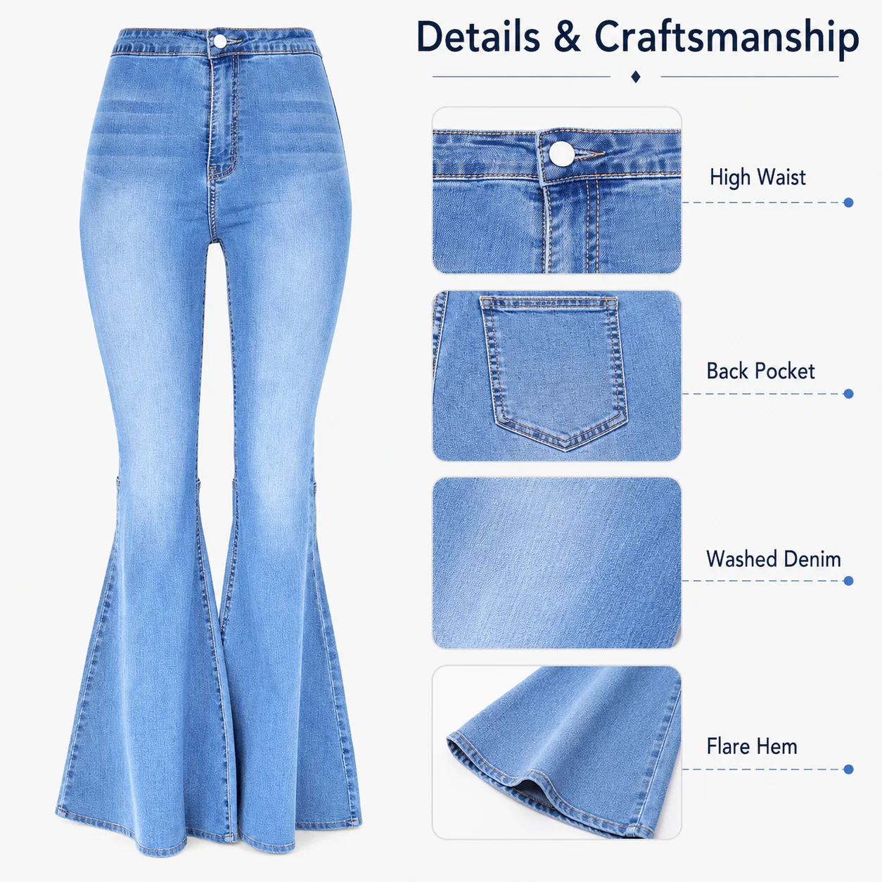 European and American Women's Retro High Waist Stretch Washed Slimming Wide Leg Flared Denim Jeans Spring Quick Dry