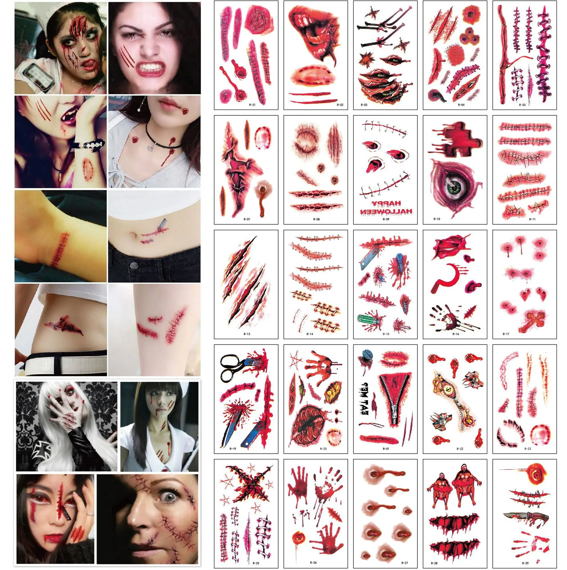 Horror Zombie Makeup Realistic Bloody Wound Stitch Vampire Bite Cosplay  Party Masquerade Prank Prop Tattoo Sticker, image size:1911x1920