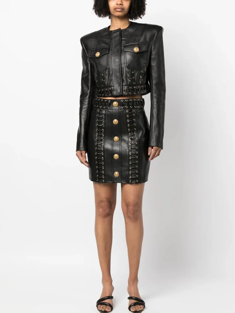 New Ready to Ship or Custom High Quality Fashion Two Pieces Black PU Leather Skirt and Jacket Suits Set Women