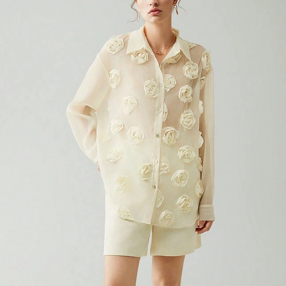 Chiffon Rose Design Cardigan Button Shirt Fashion Girl Long Sleeve Modest Blouse Elegant Women's Blouses & Shirts