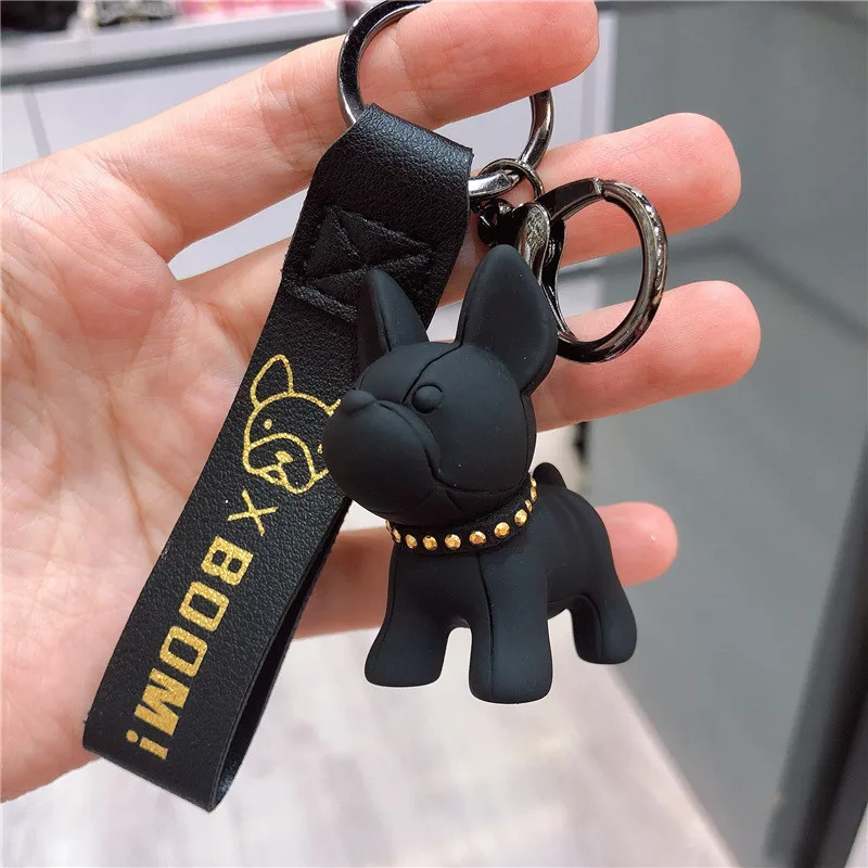 Punk French Bulldog Keychain PU Leather Cute Dog Keychains for Women Bag  Pendant Jewelry Trinket Men