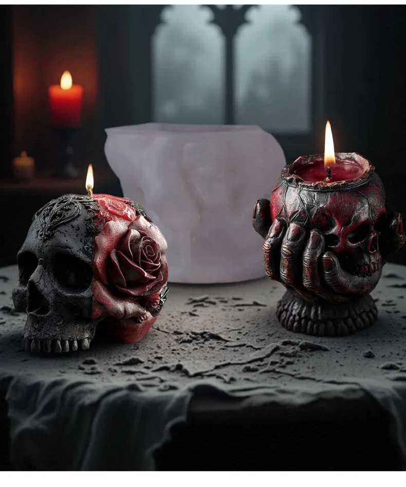 Bone Hand Series Eco-friendly Rose Scented Soy Wax Candle Mold DIY Halloween Skull & Flower Design factory