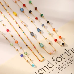 MW Stainless Steel Colorful Enamel Ball Bead Chain Necklace Baguette Multicolor Crystal Natural Stone Beaded Bohemia Necklace