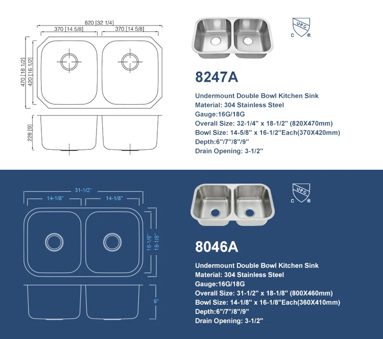 Cupc Standard Size Drop In Fregadero Single Ss Metal Double Bowl