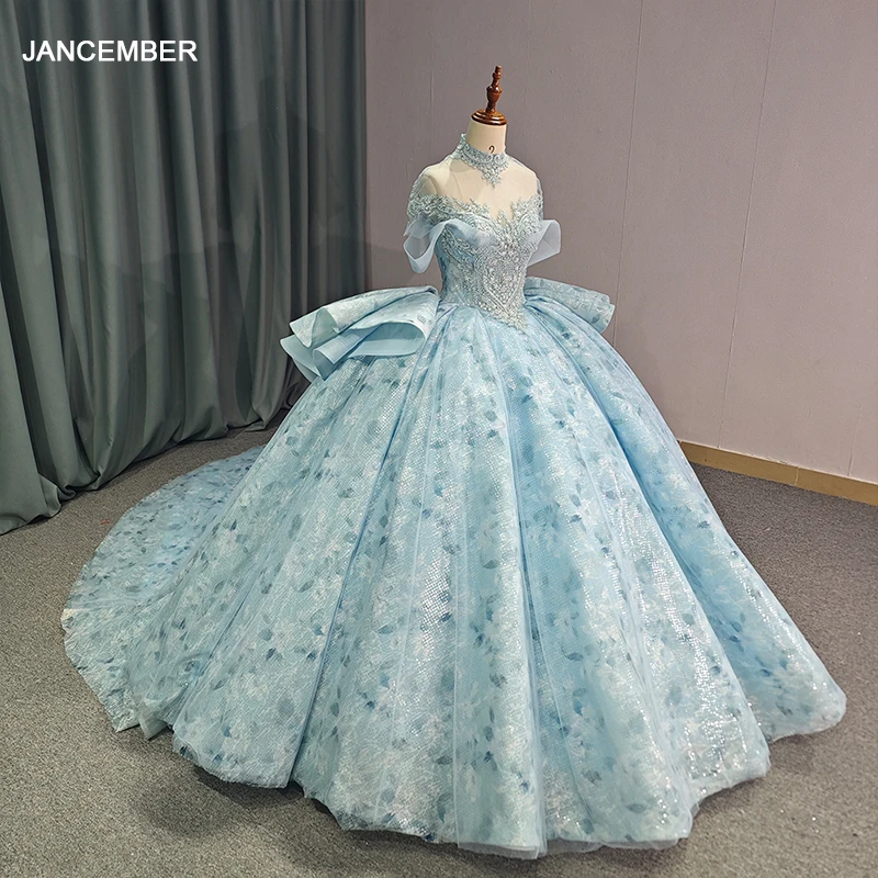 Crystal Sequined Maxi Ball Gown Off the Shoulder Vestidos Sky Blue  Quinceanera Dresses 1221