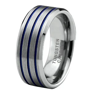 Coolstyle Jewelry 8mm 3 Lines Beveled Two Tone Blue Plated Tungsten Carbide Ring for Men Women Fashion Engagement Wedding Band
