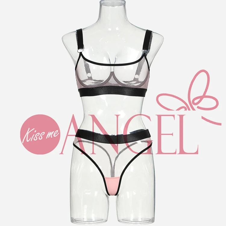 KISS ME ANGEL Simple Transparent Mesh Splicing with Steel Ring Two-piece Set Cute Girl Sexy Bra Panty Set Images