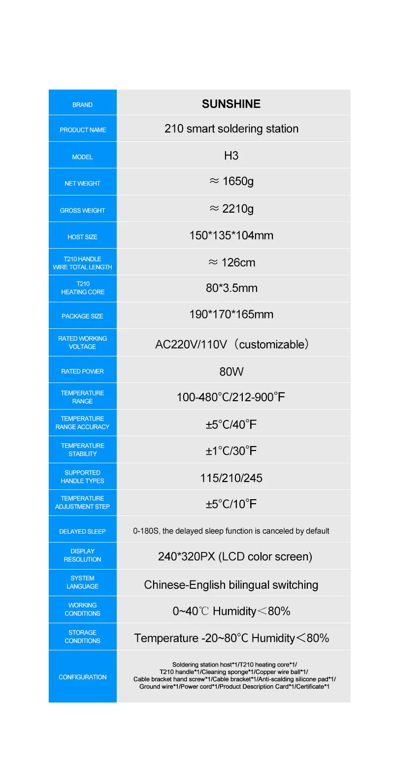 Sunshine H3 Rework Station T210 Handle High Voltage 80W Intelligent Welding Station Automatic Sleep Welding for PCB Repair
