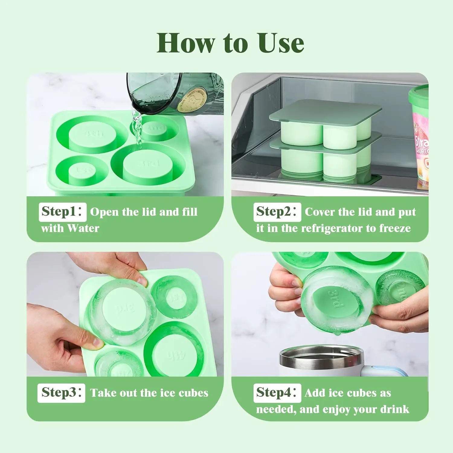 Easy Release Silicone Reusable Large Ice Cube Trays with Lid for Freezer Ice Cube Tray for Stainless Steel Insulated Cup