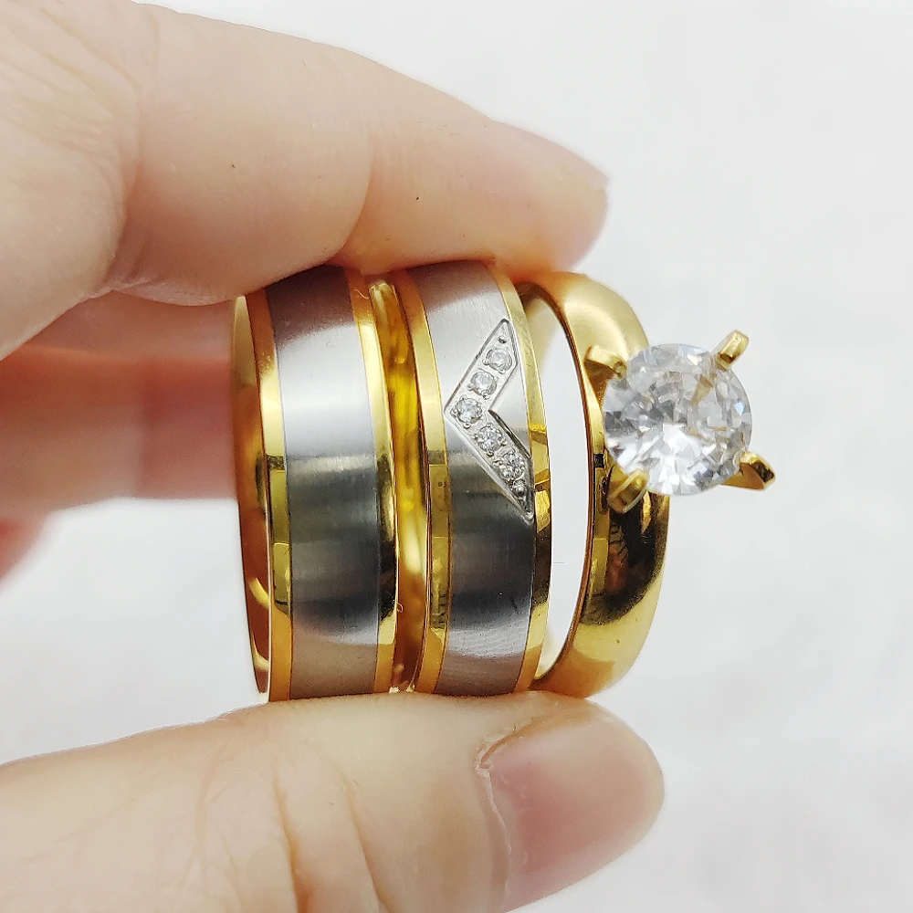 Designer Wedding Band Cubic Zirconia Engagement Rings 3pcs Crown Golden  Bridal Set $9 Dollar Jewellery Stainless Steel Main