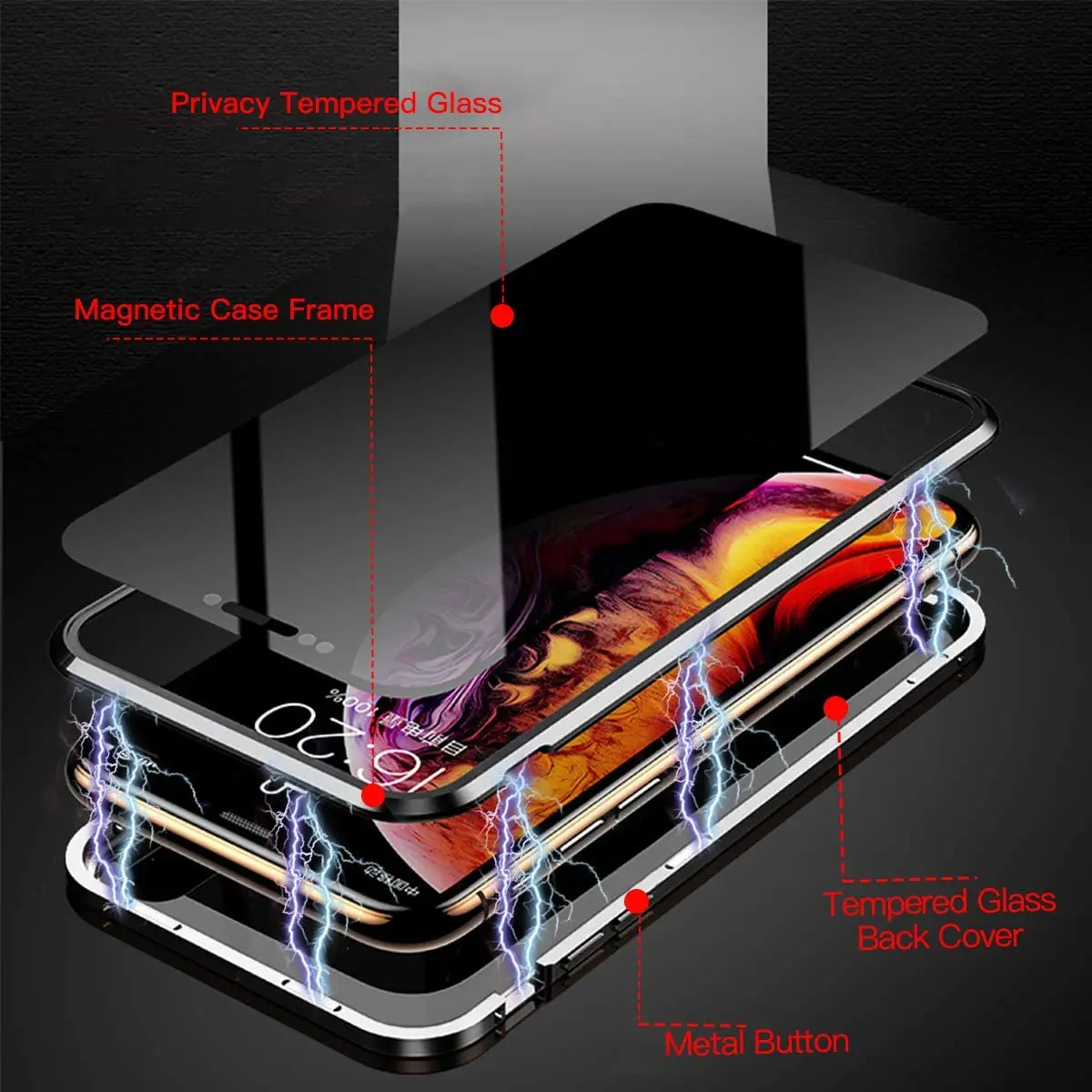 Anti Spy Peeping Magnetic Double Sided Glass Protector Metal Bumper For Iphone Pro