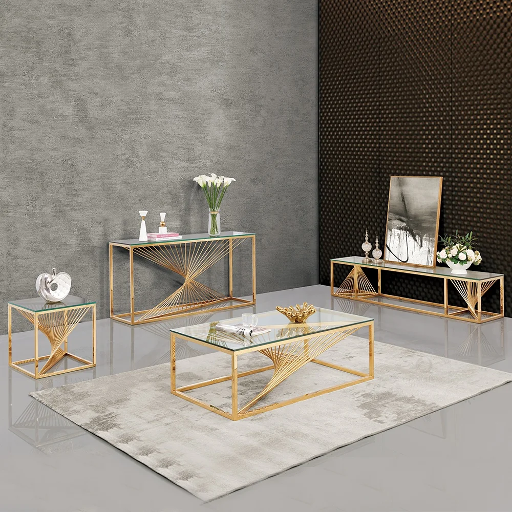 Simple Line Creative Design Living Room Center Tables Glass Top Gold Stainless Steel Base Commercial Wholesale Gold Coffee Table