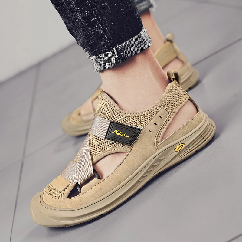 Custom Design OEM service mesh genuine leather sandals summer men sport beach closed toe hand made leather sandals