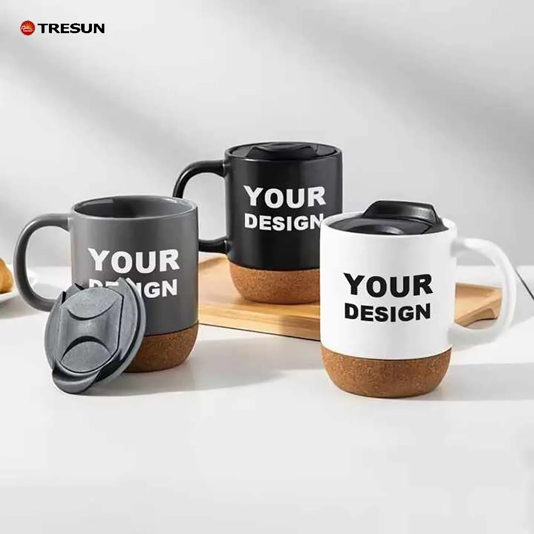 Custom Logo Nordic Matte Grey White Black Glaze Cork Base Ceramic Coffee Mug  with Wooden Insulated Cork Bottom and Plastic Lid