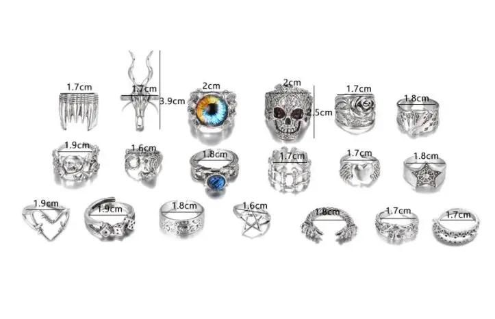 19Pcs/Sets Halloween Retro Exaggerated Skull Eye Rings Set Punk