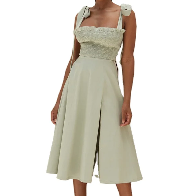 green shirred midi dress