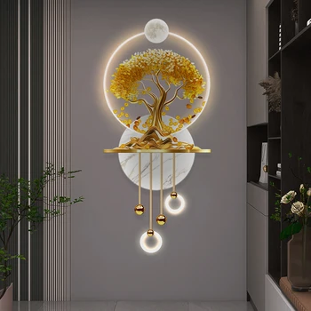 Gold coin tree wall arts Hanging Light painting Home decor Luxurious Landscape  LED light uv printing with Metal lamp