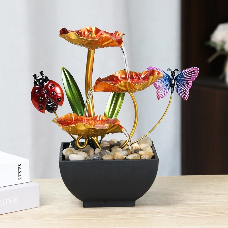 3 Tier Lotus Metal Tabletop Water Fountain with Ladybug & Butterfly -  USB-Powered Waterfall Decor for Home & Office