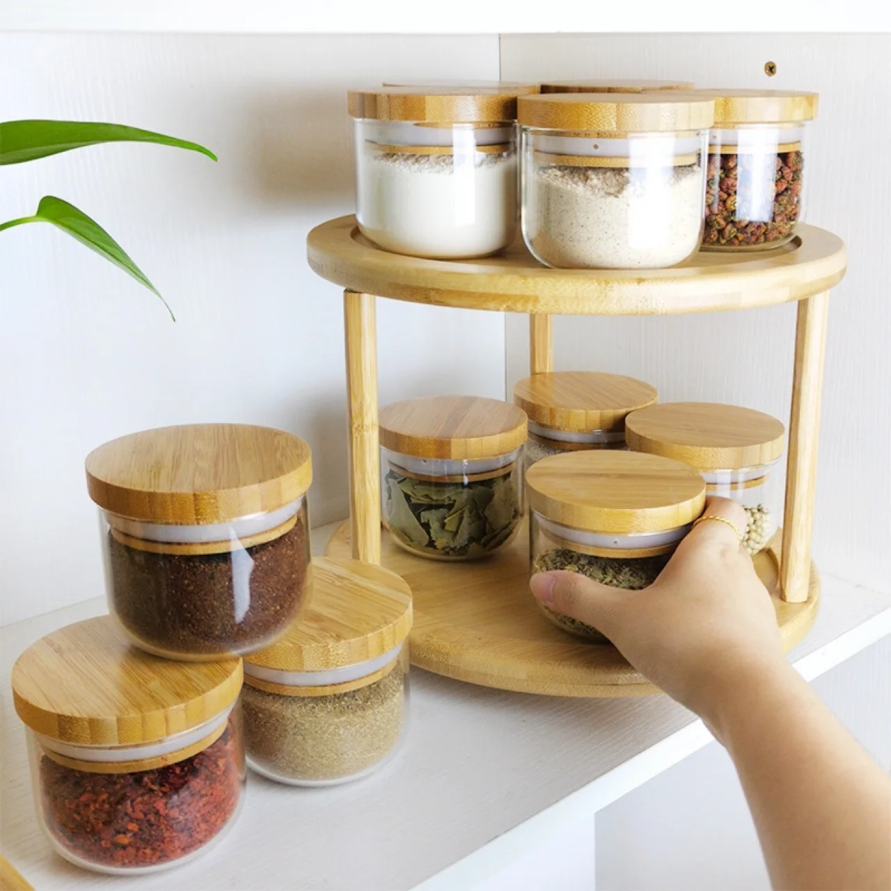 Bamboo Revolving Spice Rack Functional Shelf Kitchen Rack