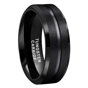 Coolstyle Jewelry 8mm Grooved Beveled Edges Wholesale Black Tungsten Carbide Ring for Men Women Fashion Engagement Wedding Band