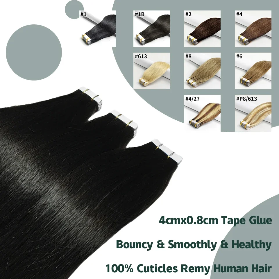 Extension per capelli lisci con nastro adesivo 100% capelli umani Remy, extension per capelli con trama di pelle senza cuciture, capelli neri naturali per donne, nastro adesivo_voghion.com