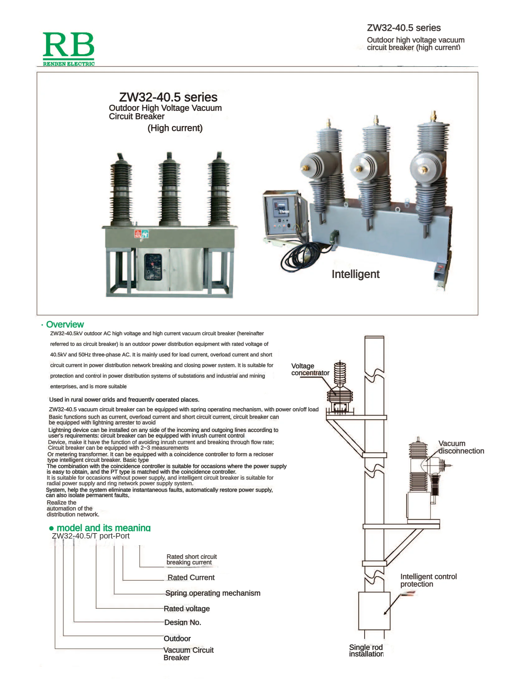 Outdoor High Voltage Circuit Breaker Vacuum Zw32 40 5kv 1250a Automatic Reclosing Vacuum Switch