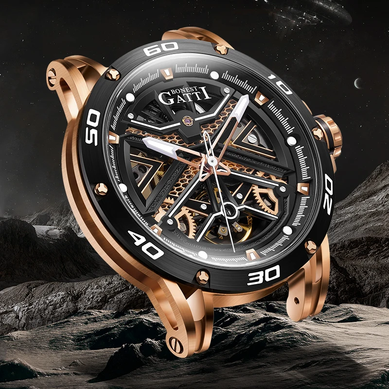 Bonest Gatti New Design  Genuine Leather Luxury Automatic Mechanical Watch Waterproof 5ATM Movement  Watch for Men BG4601