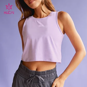 HUCAI OEM ODM Custom logo Cotton Spandex Sexy Soft Stretchy Open Back Loose Running Sports Gym Crop tank Top Women