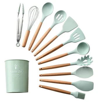 Wholesale Custom 12 Pcs Wooden Handle Kitchen Accessories Tools Silicone Cooking Utensil Set
