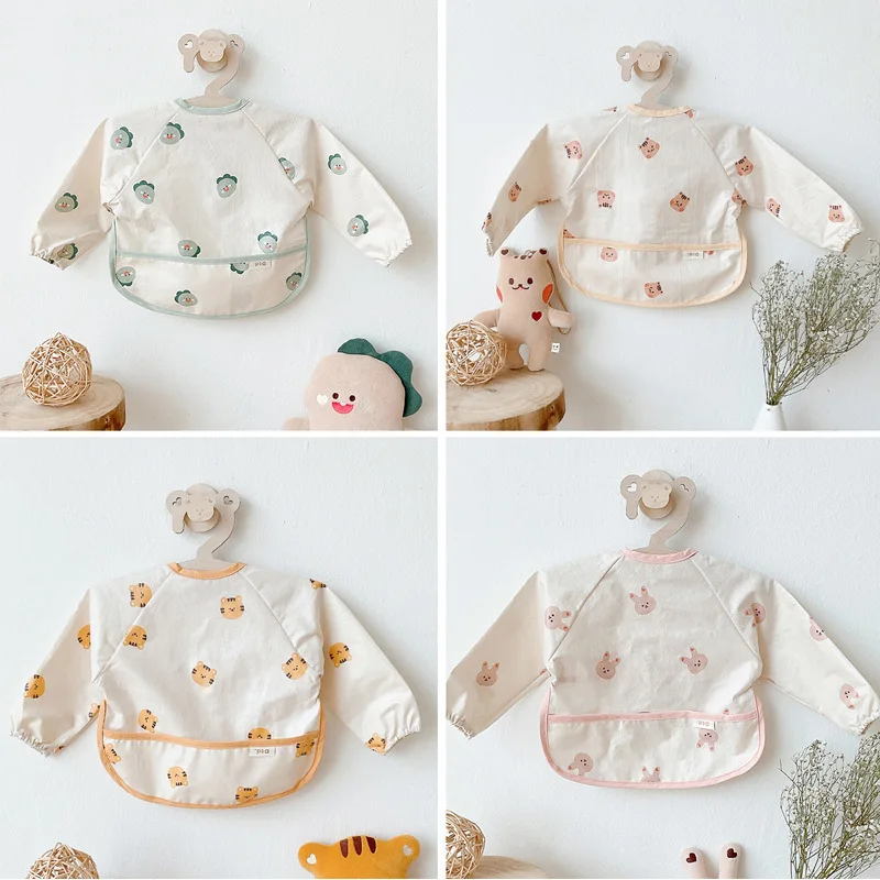 Long Sleeves Weaning Smock Bib Full Cover Wearable Printed Baby Bibs Shirt Apron Waterproof Baby Bibs factory