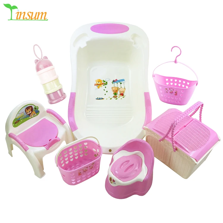 Baby bath tub 7pcs set supplies multi-layer storage cabinet plastic with bottle drying rack bucket basket
