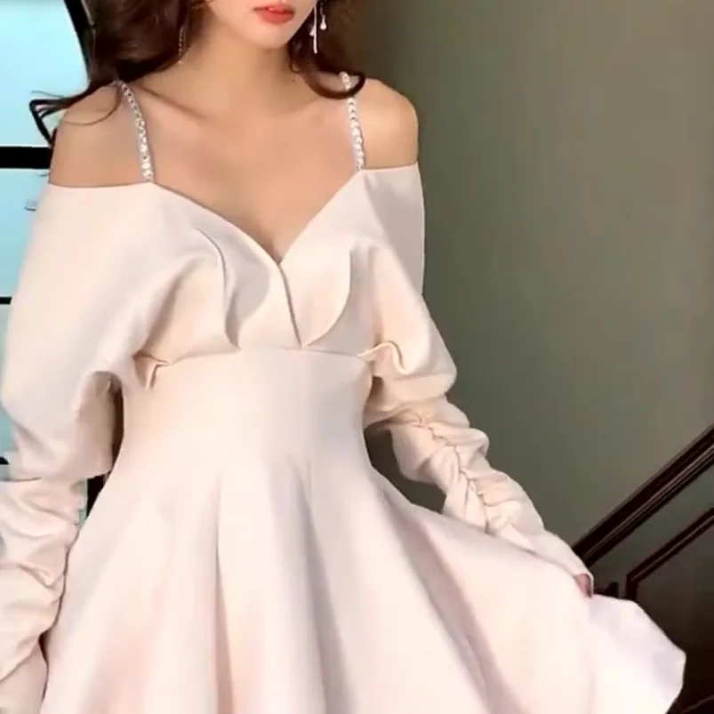 Elegant Summer Fashion Dress High Quality Maxi V-Neck Empire Casual Long Sleeved Woven Anti-Static Solid Color with Zippers